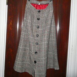 Vintage Plaid Button Front Midi Skirt | Wool + Red Satin Lined | High Waist